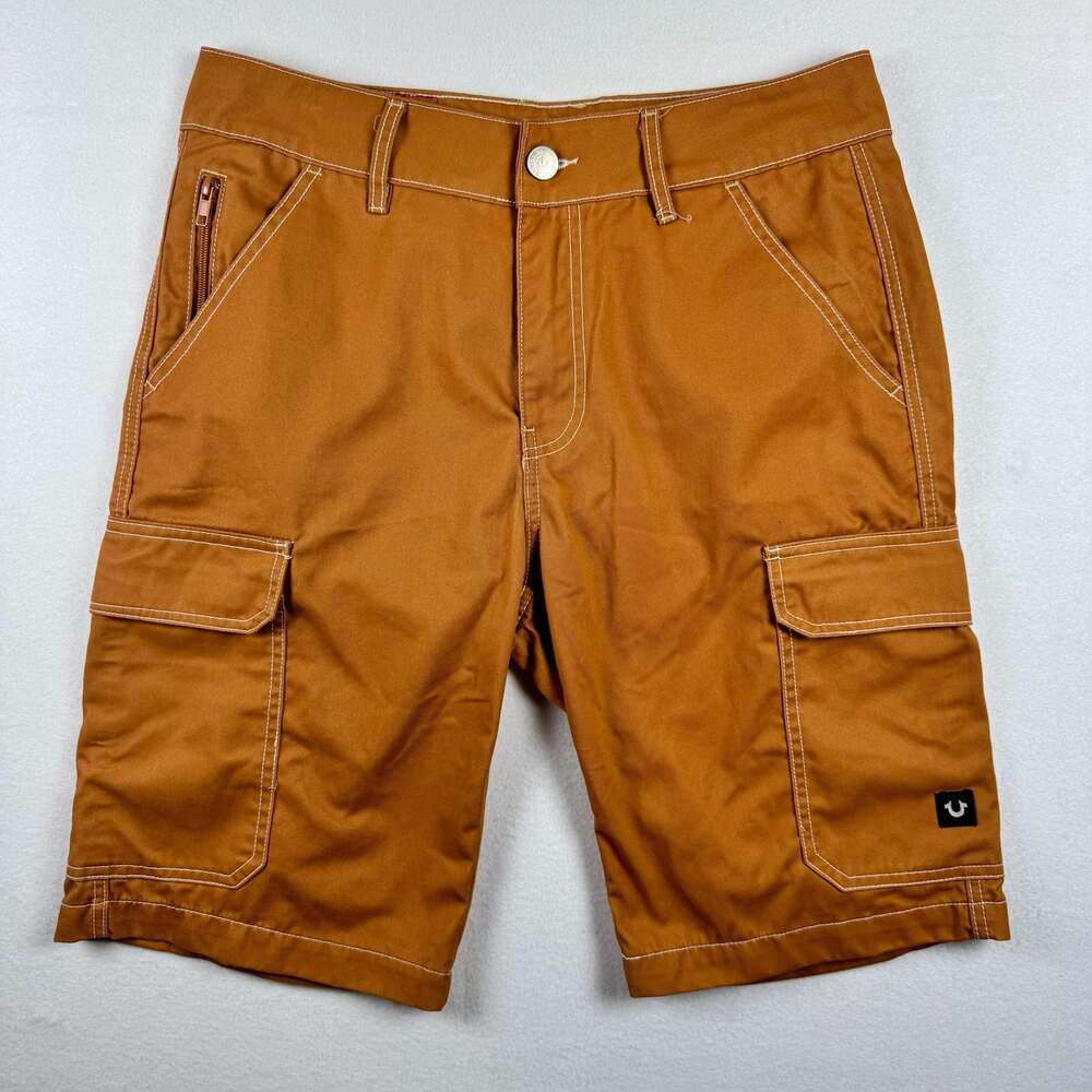 True Religion Men's Orange Brown Contrast Stitch Cargo Shorts Size 32
